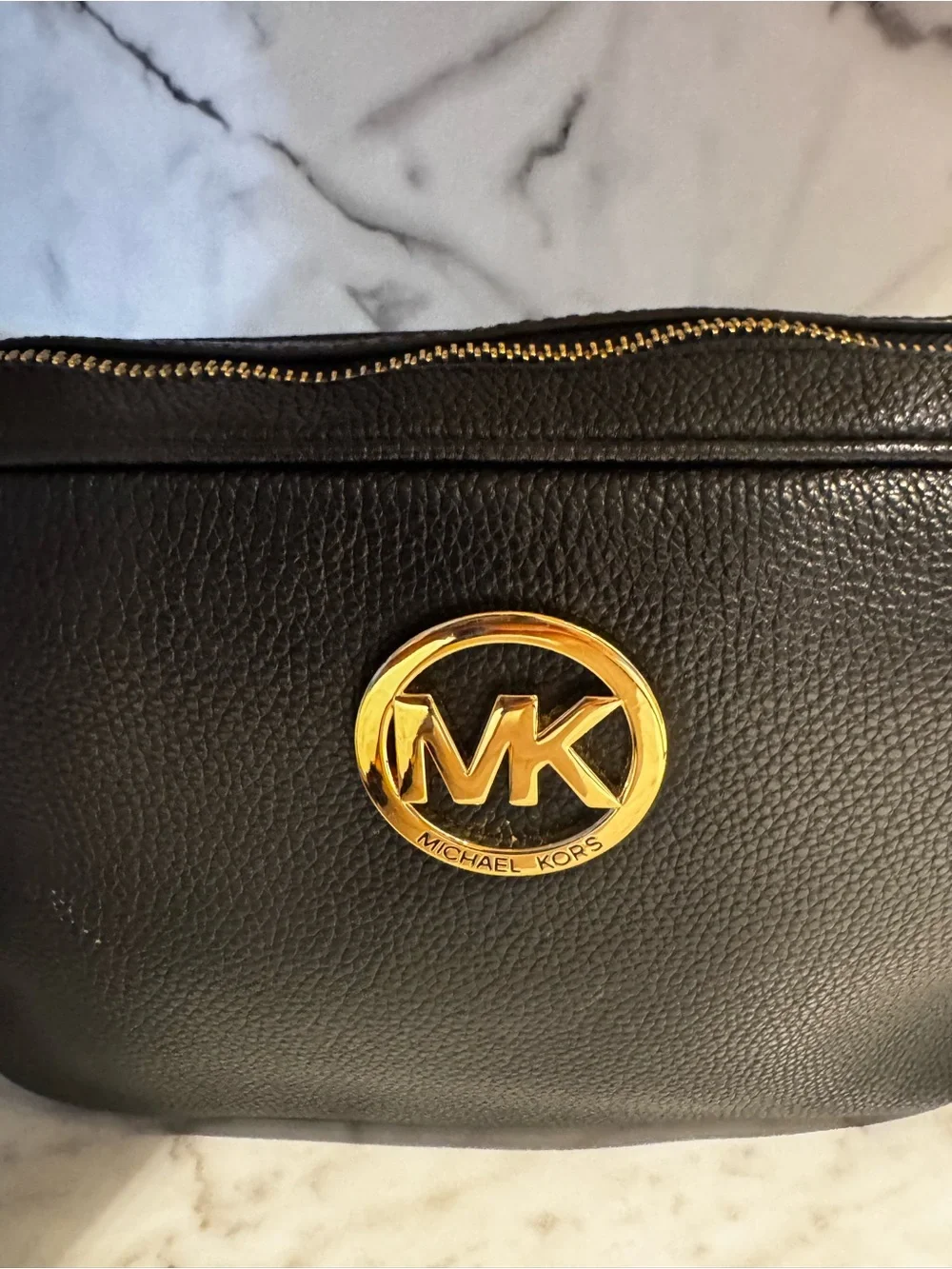 Michael Kors Black Leather crossbody bag with Gold MK Emblem